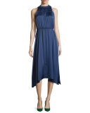 Sleeveless Shirred Satin Midi Dress, Gray Blue