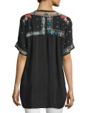 Danny Short-Sleeve Embroidered Blouse, Black