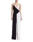 Colorblock Sleeveless V-Neck Jumpsuit, Black/White