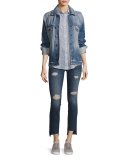 Uneven Cut Distressed Skinny Jeans, Medium Blue