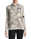 Floral Long-Sleeve Silk Blouse, Milk