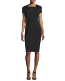 Short-Sleeve Pleated Sheath Dress, Black