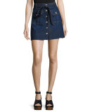 A-Line Button-Front Denim Miniskirt, Indigo