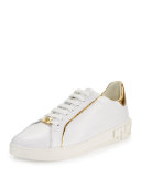 Golden-Trim Leather Low-Top Sneaker, White