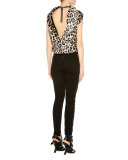 Jaguar-Print Open-Back Top, Gray/Black