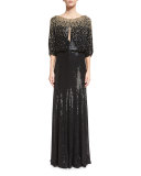 3/4-Sleeve Round-Neck Embellished Gown, Black/Gold