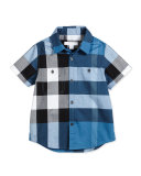 Short-Sleeve Mini Camber Check Shirt, Blue, Size 4-14