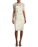 Beaded Lace Half-Sleeve Cocktail Dress, Ivory