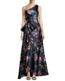 One-Shoulder Floral Satin Gown, Garnet/Multicolor