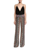 Embellished Wide-Leg Pants, Black/Multicolor