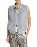 Reversible Mink & Leather Bomber Vest, Light Blue