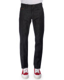 Stretch Denim Jeans with Leather Detail, Navy