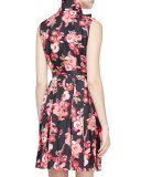 sleeveless tie-neck floral silk pleated dress, black