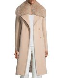 Long Fox-Trim Wool-Blend Peacoat, Dusty Rose