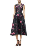 Sleeveless Linear-Leaf Midi Dress