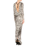Long-Sleeve Low-Back Jaguar-Print Gown, Gray/Black