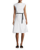 Cap-Sleeve A-Line Sailcloth Dress, White