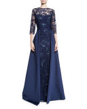 3/4-Sleeve Embellished Floral Tulle Ball Gown, Navy