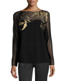 Semisheer Bateau-Neck Jacquard Lace Sweater, Black/Gold