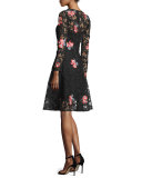 Floral-Embroidered Lace Cocktail Dress, Jet 