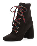 Suede Lace-Up Block-Heel Boot, Black