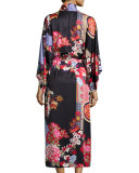 Mikado Floral-Print Satin Gown, Black