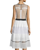 Sleeveless Pierced Mixed-Lace Dress, White