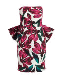 Strapless Floral-Print Dress w/Oversized Bow, Fucshia 