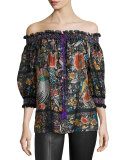Floral-Print Chiffon Off-the-Shoulder Blouse, Black