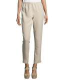 Elastic-Waist Slim-Leg Ankle Pants, Tan