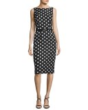 Sleeveless Floral Jacquard Polka-Dot Cocktail Dress, Black