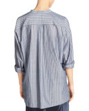 Wide-Stripe Mandarin-Collar Pullover Shirt, Blue