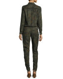 Floral-Print Denim Utility Jumpsuit, Green