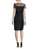 Short-Sleeve Beaded Chiffon Dress, Caviar/Multi