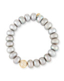 10mm Gray Pearl Button Bracelet with Diamond Bezel Ball Station