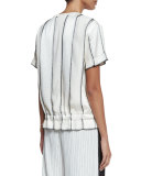 Short-Sleeve Paneled Satin Drawstring Top, Gesso