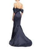 Draped-Shoulder Mermaid Gown, Navy