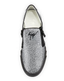 Stingray-Embossed Leather Slip-On Sneaker, Black/White