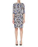 Butterfly-Print Half-Sleeve Dress, Black/White