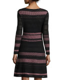 Long-Sleeve Striped Rib-Stitched Mesh-Knit Dress, Petal