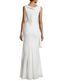 Draped Cowl-Neck Sleeveless Gown, Off White