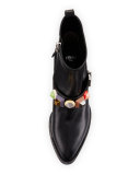Rainbow-Stud Leather Bootie, Nero/Multi