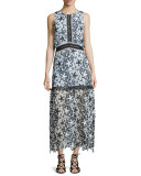 Sleeveless Floral Lace Popover Maxi Dress, Black/White/Light Blue