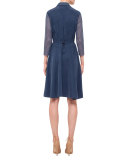 Mesh-Inset Drawstring-Waist Shirtdress, Denim