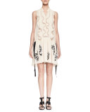 Sleeveless Ruffled Embroidered-Skirt Dress, Nude/Black