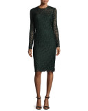 Long-Sleeve Leaf Lace Cocktail Dress, Hunter