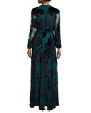 Tie-Neck Long-Sleeve Velvet Gown, Teal