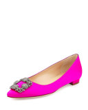 Hangisi Crystal-Buckle Satin Flat, Fuchsia