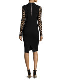 Lattice-Sleeve Mock-Neck Sheath Dress, Black