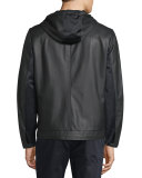 Mixed Media Hooded Leather Jacket, Black